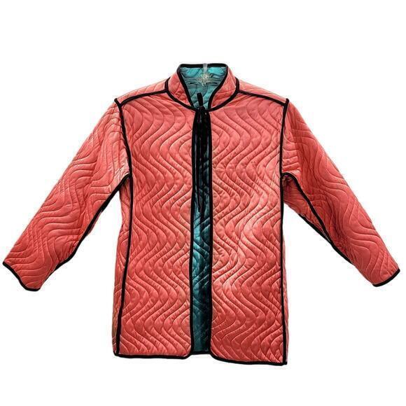 HPVintage Orange Black Contrasting Edge High Neck Open‎ Quilted Bed Jacket - Picture 1 of 10